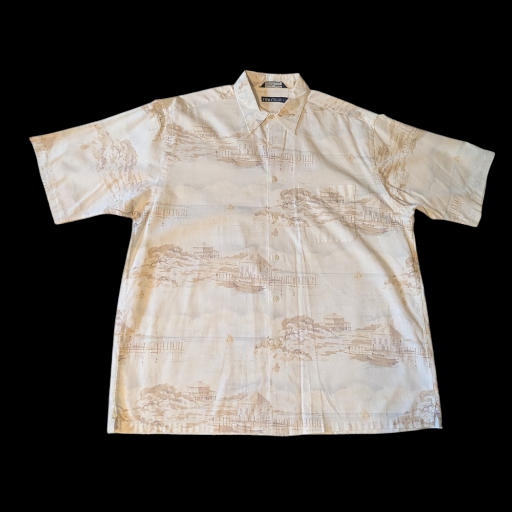 90s Nautica Micro Ribbed Island Boat Resort Print SS Button Front Shirt Men's L
